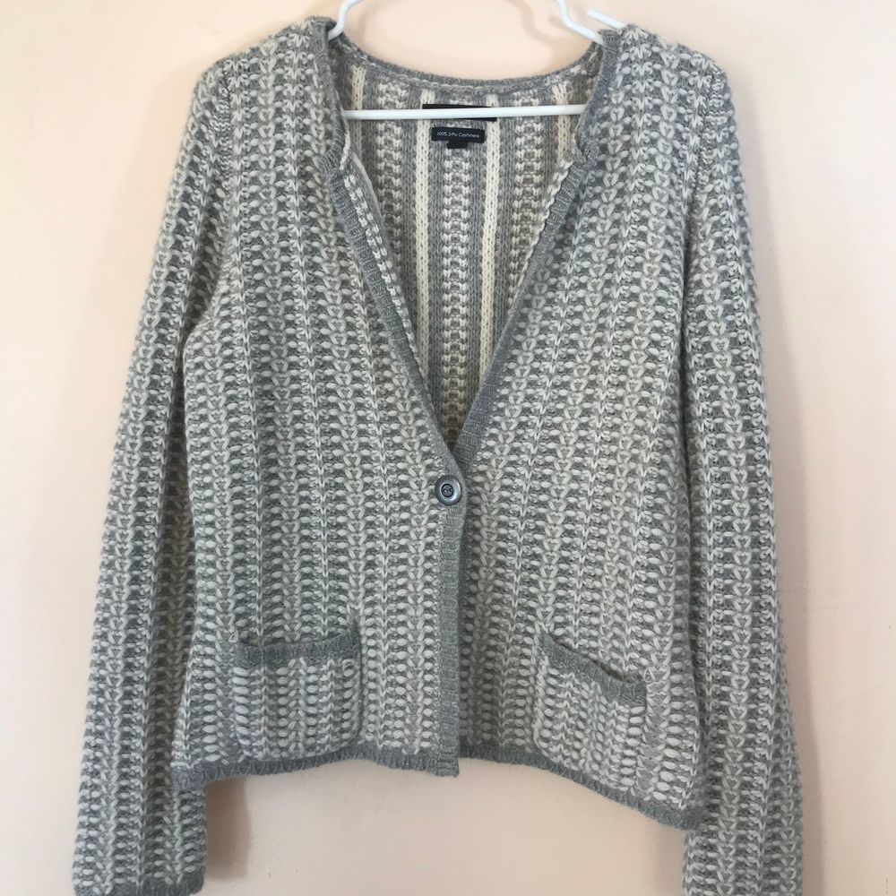 NWT Tahari Cashmere Cardigan Grey White Large
